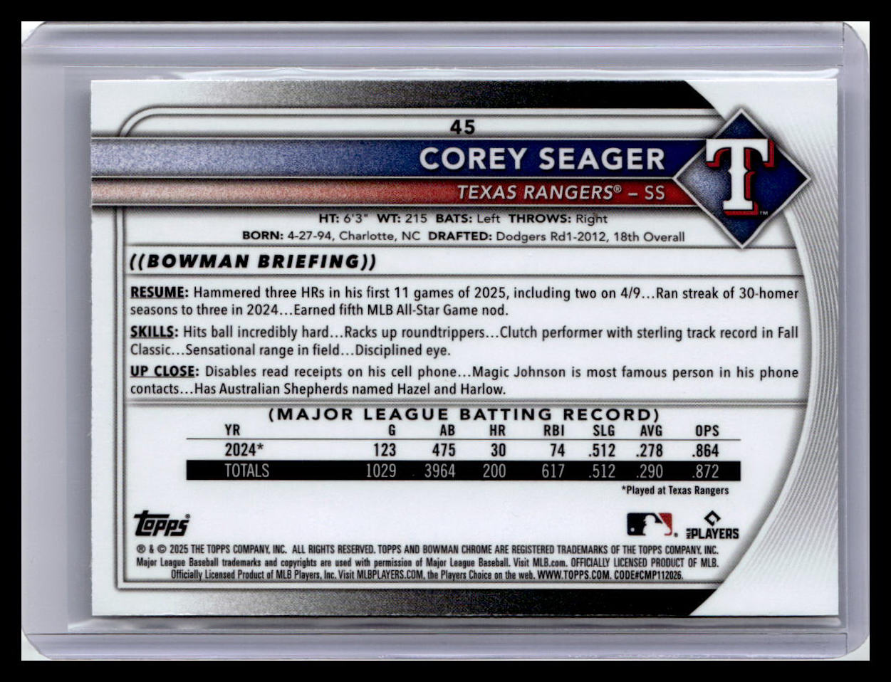 2025 Bowman Chrome #45 Corey Seager
