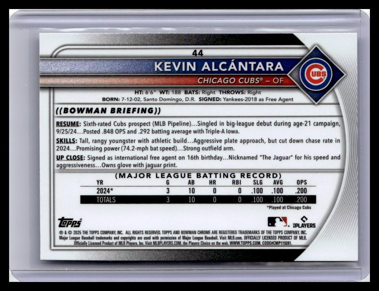 2025 Bowman Chrome #44 Kevin Alcántara RC Red Variation
