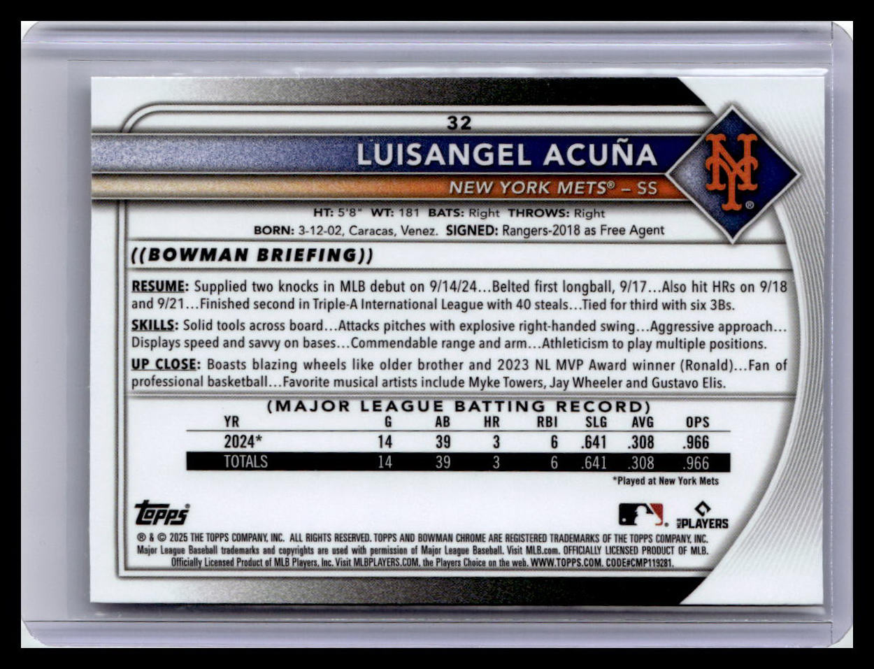 2025 Bowman Chrome #32 Luisangel Acuña RC Red Variation