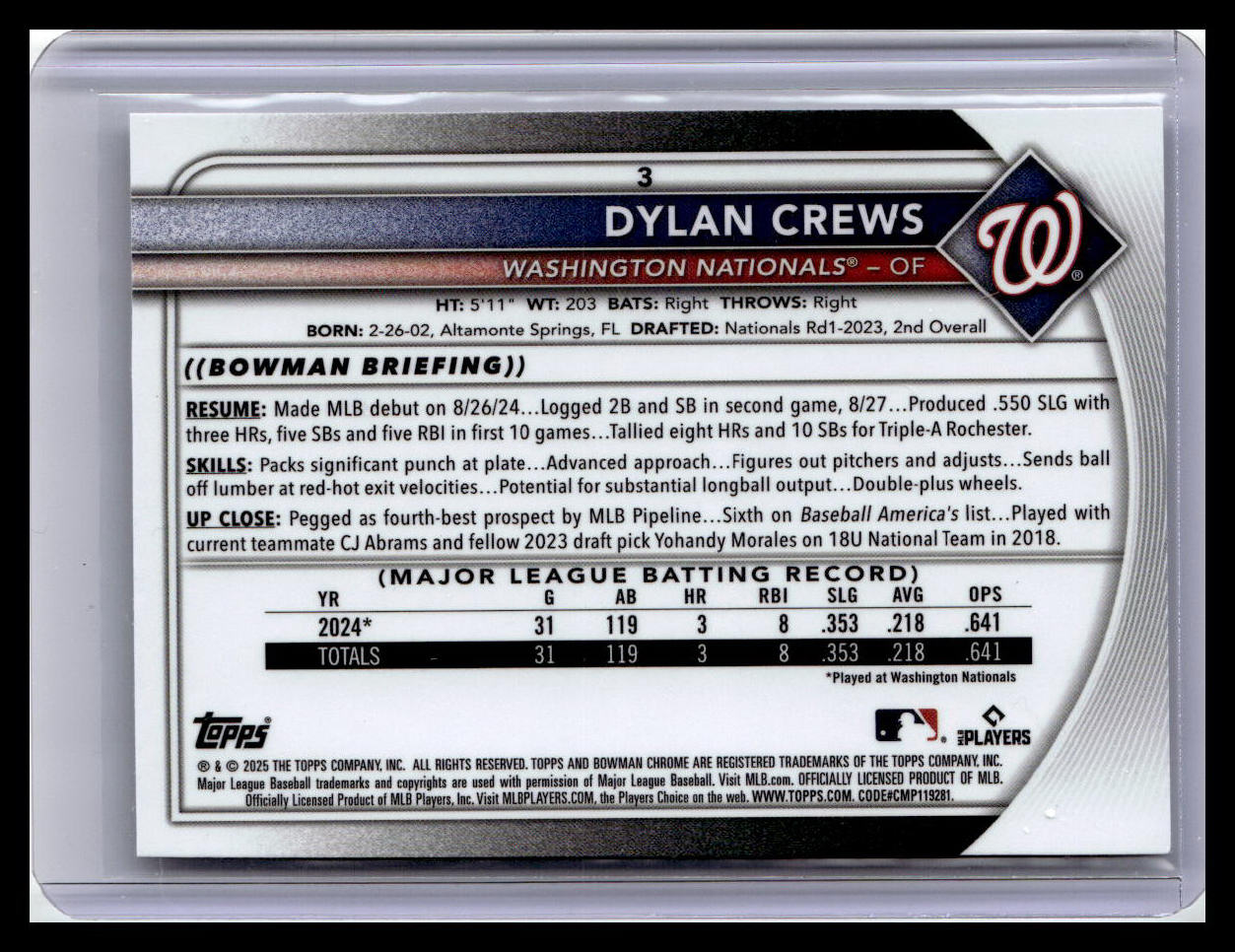 2025 Bowman Chrome #3 Dylan Crews RC Red Variation
