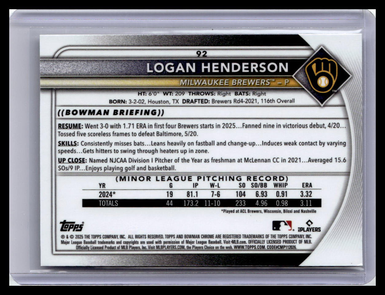 2025 Bowman Chrome #92 Logan Henderson
