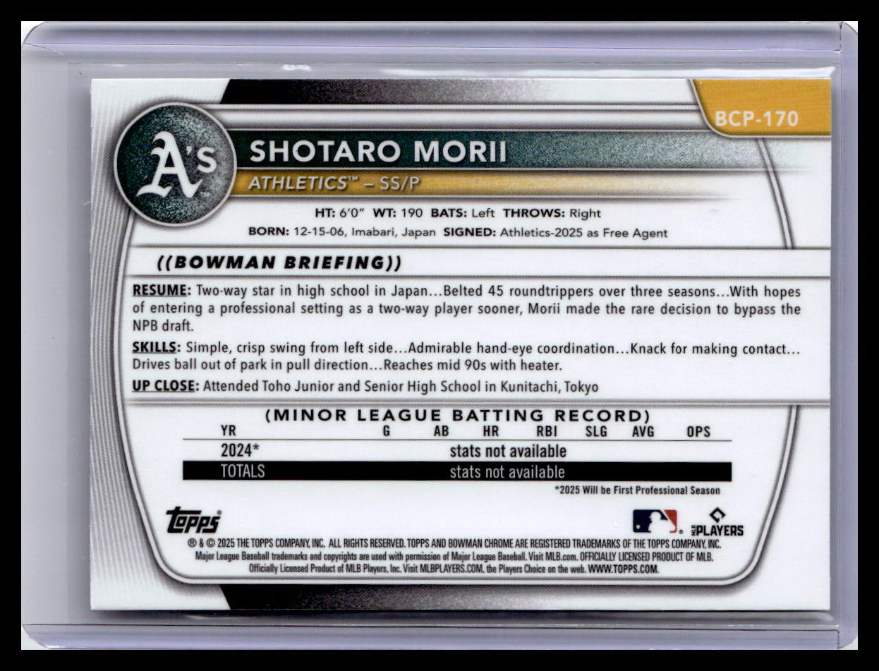 2025 Bowman Chrome #BCP-170 Shotaro Morii 1st Bowman Mojo Refractor