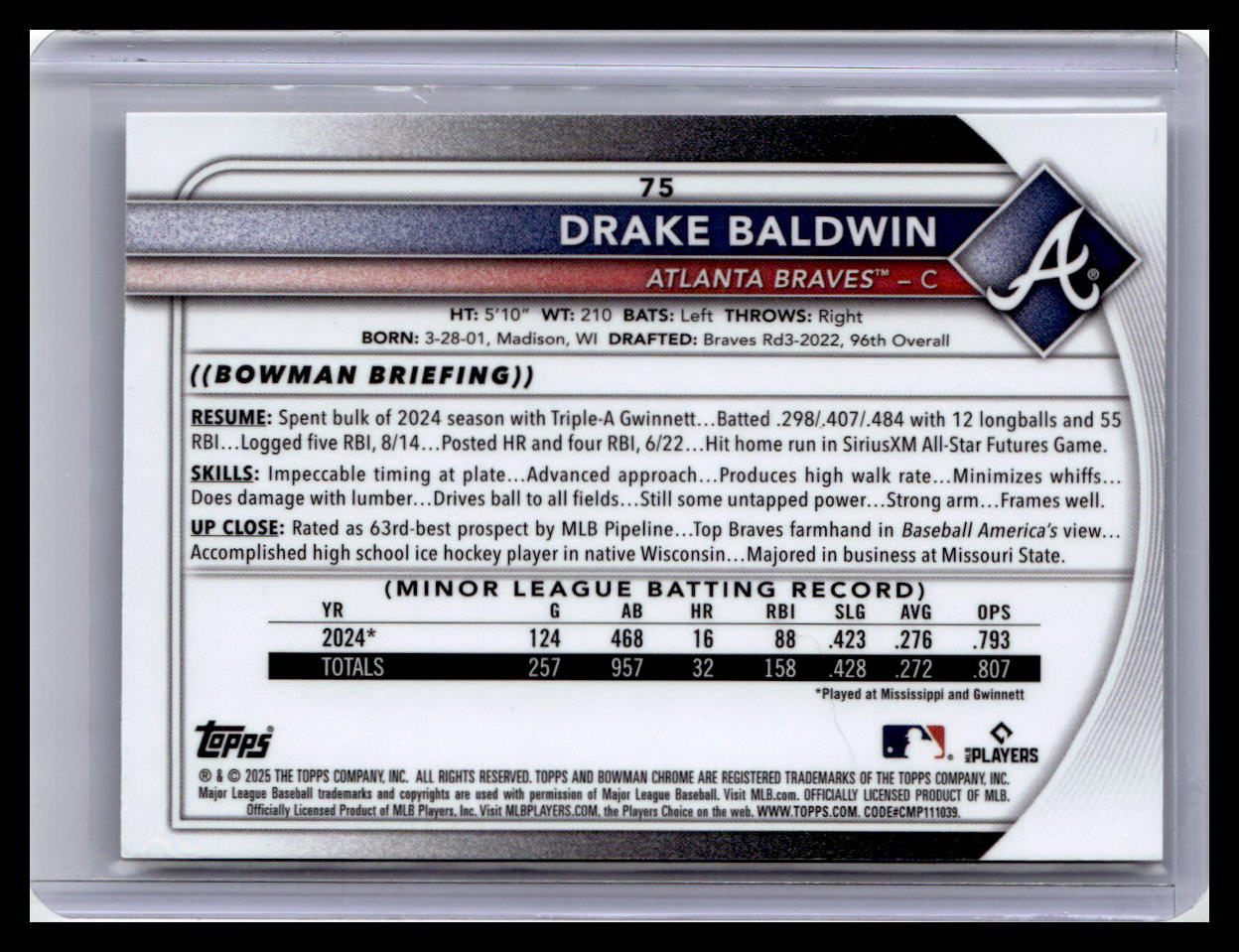2025 Bowman Chrome #75 Drake Baldwin Mojo Refractors