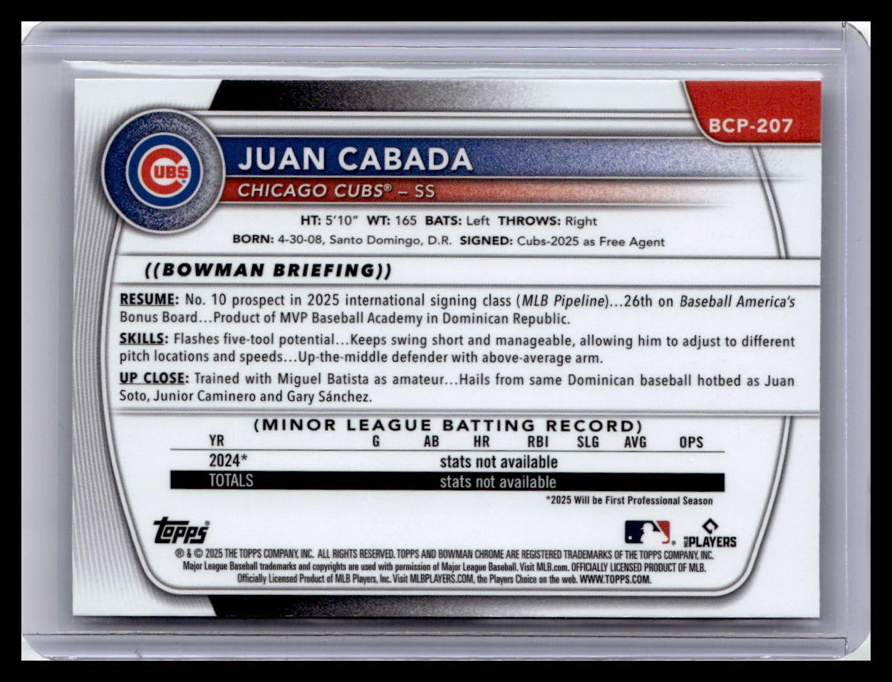 2025 Bowman Chrome #BCP-207 Juan Cabada 1st Bowman Mojo Refractor