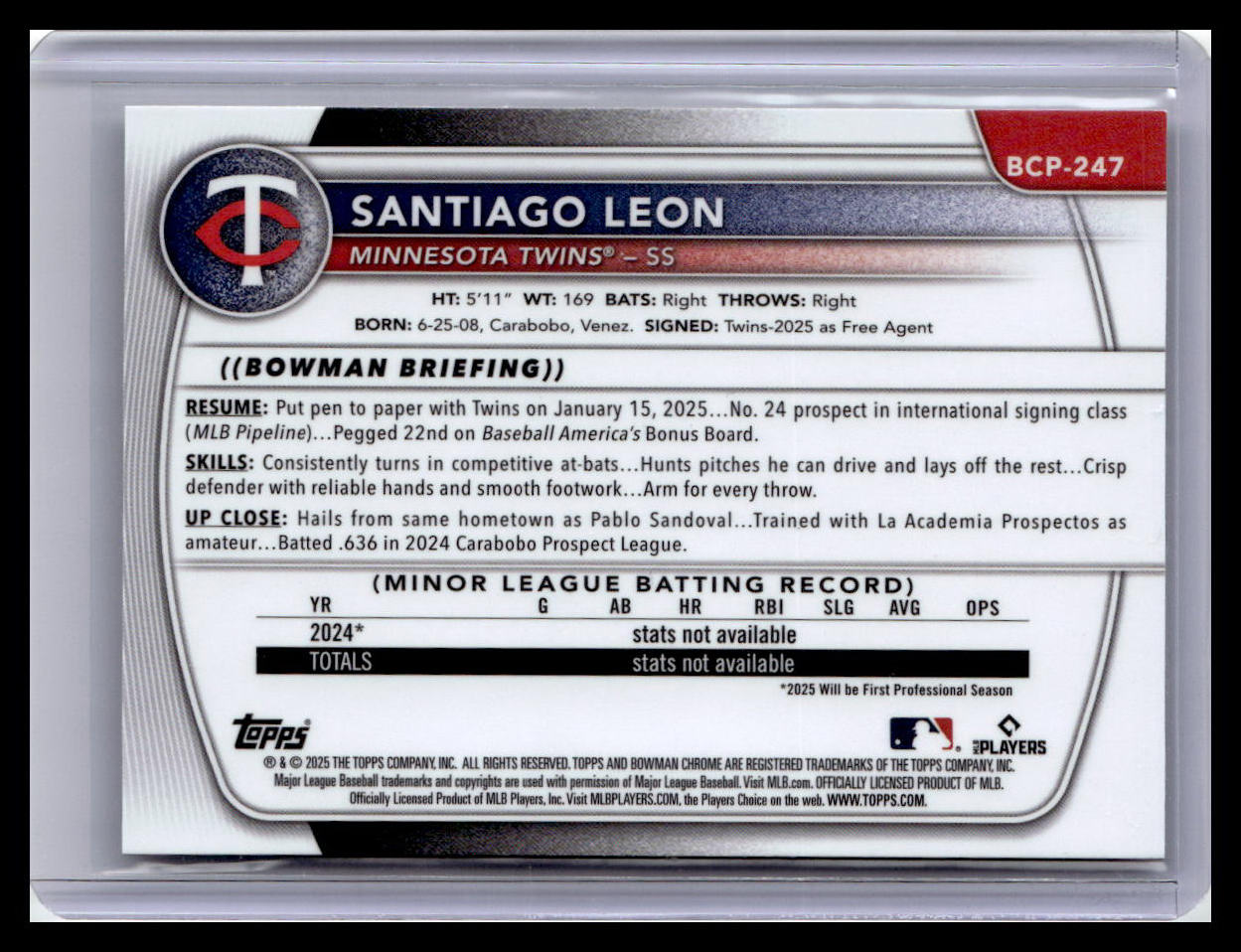2025 Bowman Chrome #BCP-247 Santiago Leon 1st Bowman Mojo Refractor