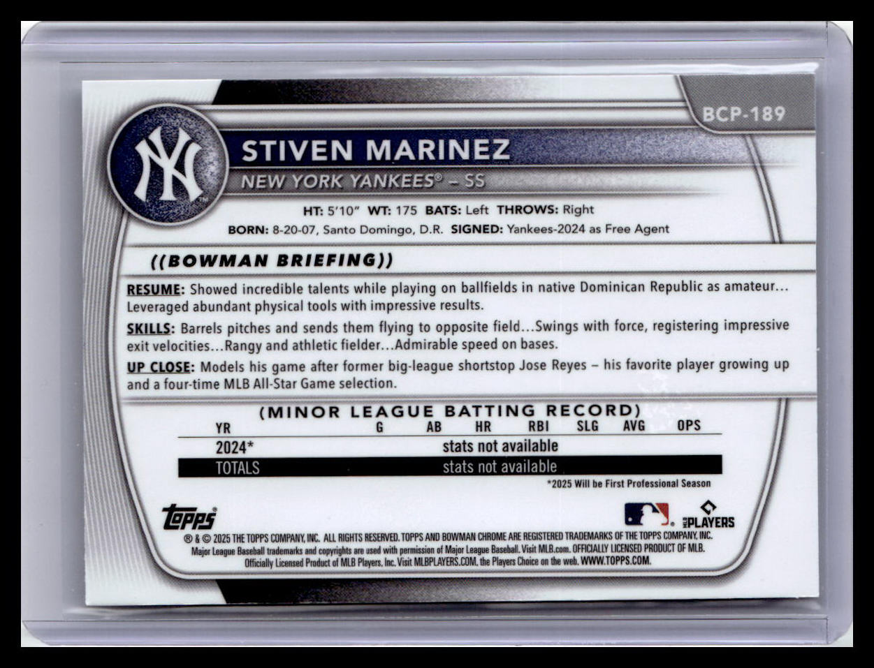 2025 Bowman Chrome #BCP-189 Stiven Marinez 1st Bowman Mojo Refractor 1