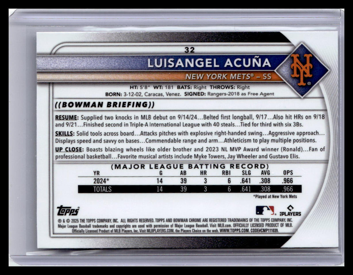 2025 Bowman Chrome #32 Luisangel Acuña Mojo Refractors