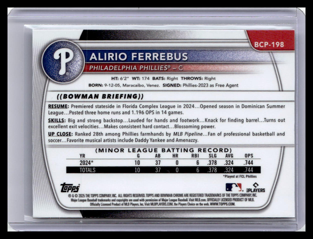 2025 Bowman Chrome #BCP-198 Alirio Ferrebus 1st Bowman Mojo Refractor