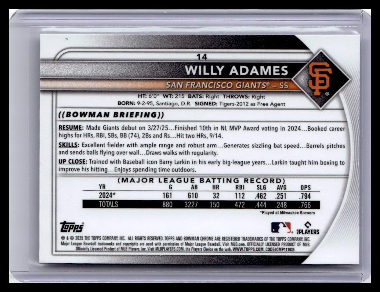 2025 Bowman Chrome #14 Willy Adames Mojo Refractors