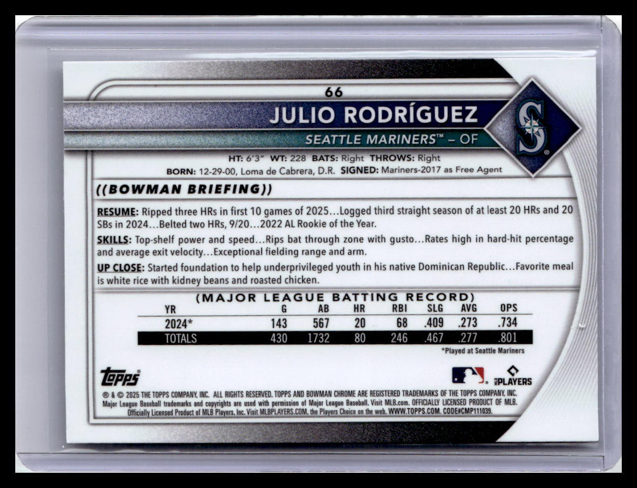 2025 Bowman Chrome #66 Julio Rodríguez Mojo Refractors