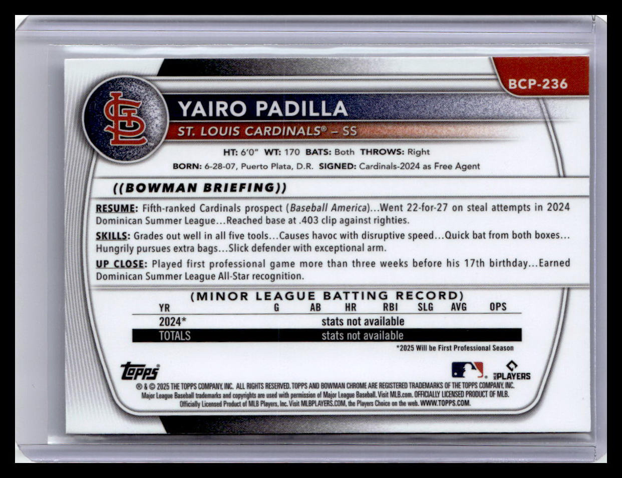2025 Bowman Chrome #BCP-236 Yairo Padilla 1st Bowman Mojo Refractor