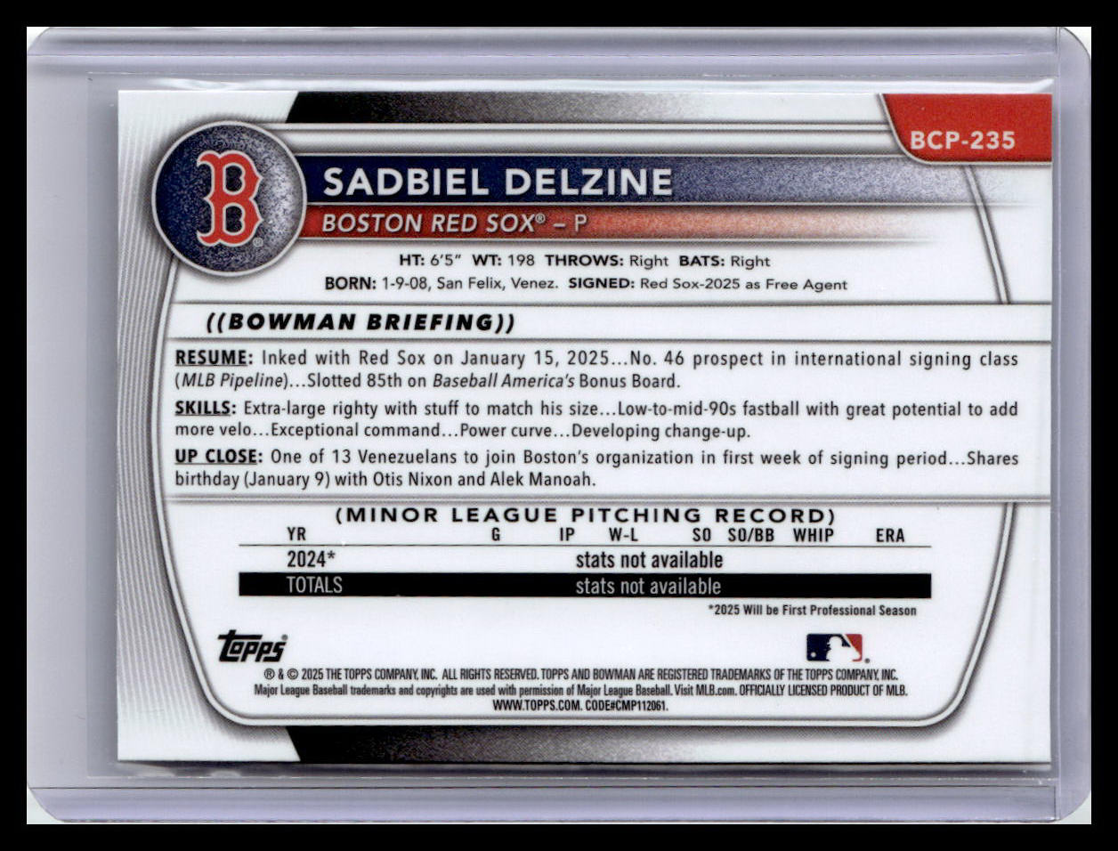 2025 Bowman Chrome #BCP-235 Sadbiel Delzine Prospects 1st Bowman