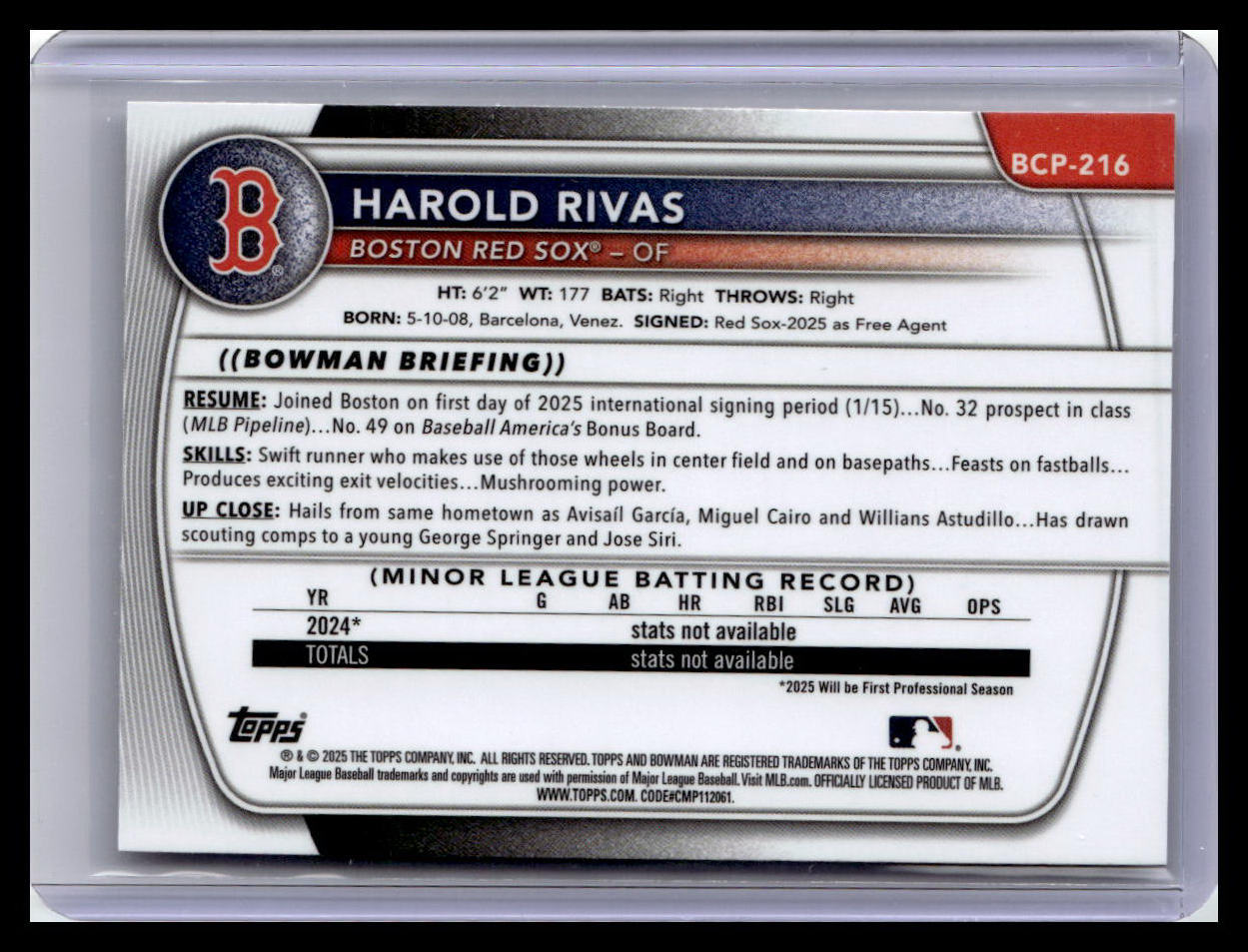 2025 Bowman Chrome #BCP-216 Harold Rivas Prospects 1st Bowman