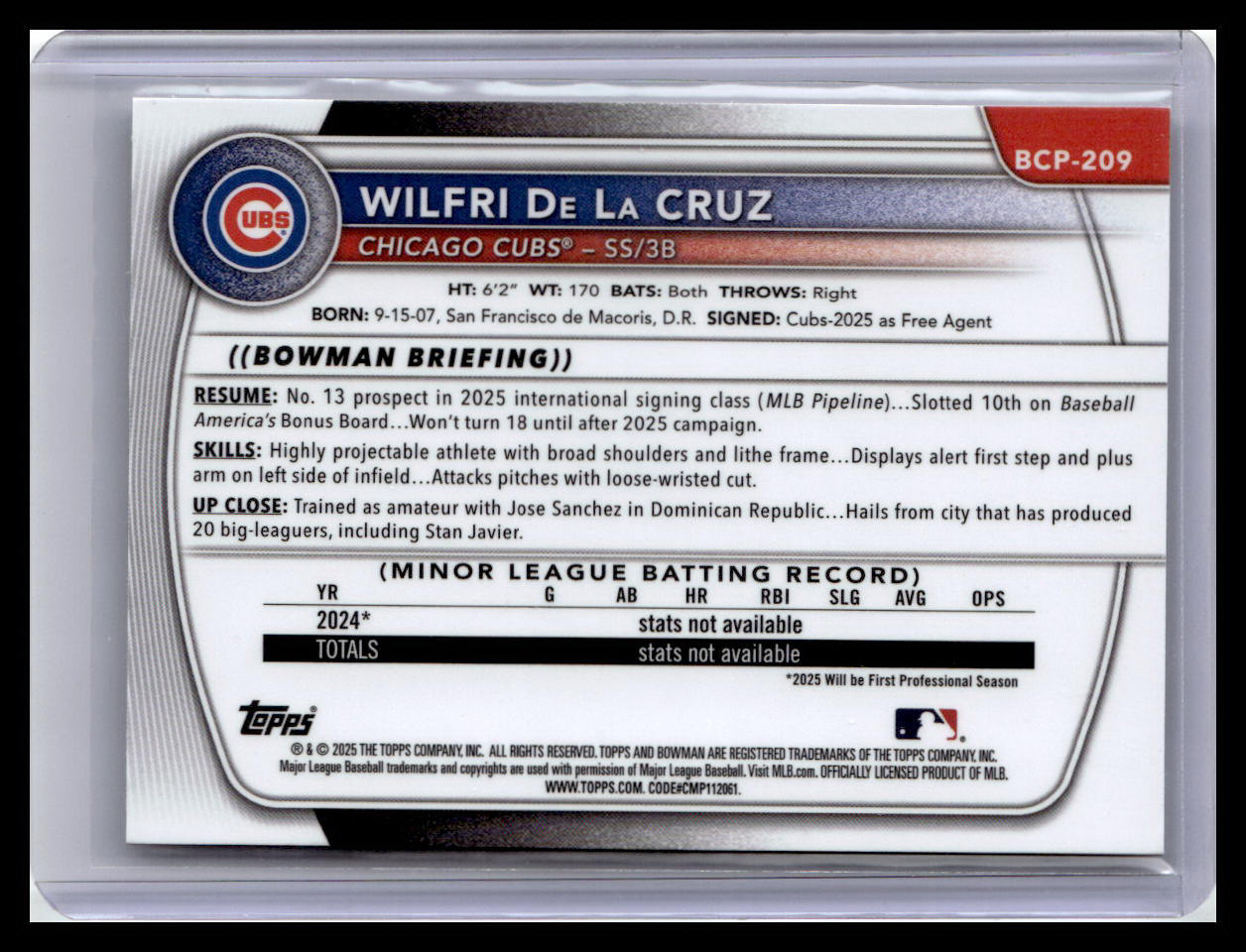 2025 Bowman Chrome #BCP-209 Wilfri De La Cruz Prospects 1st Bowman