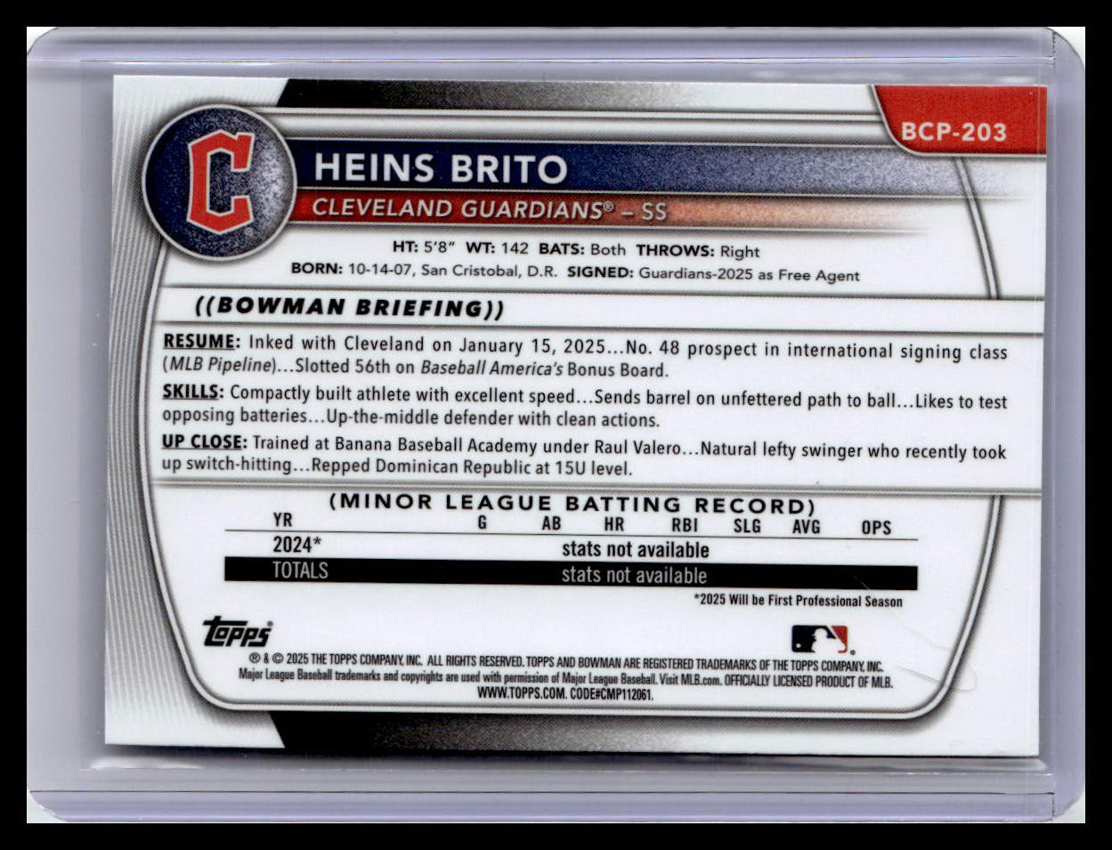 2025 Bowman Chrome #BCP-203 Heins Brito Prospects 1st Bowman