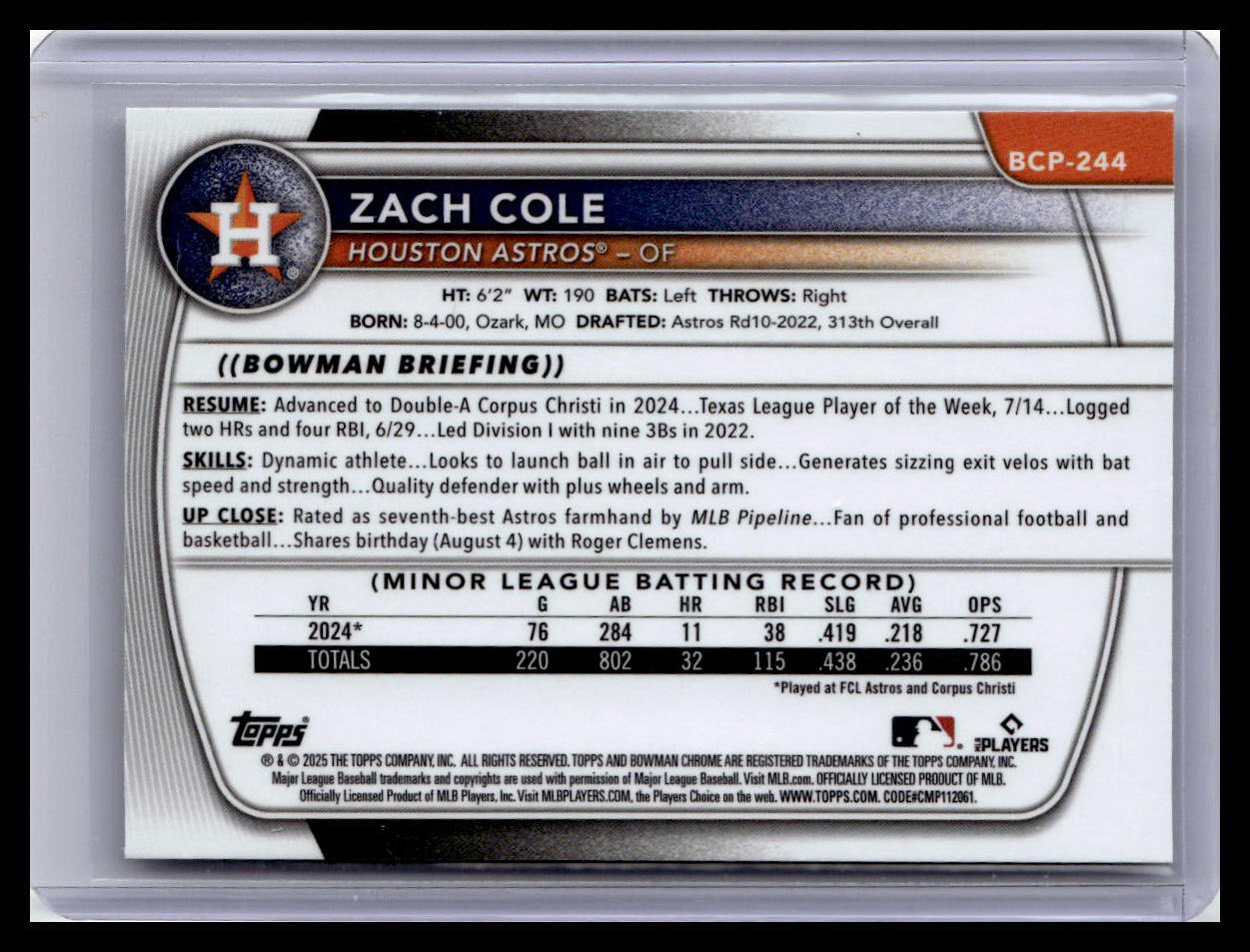 2025 Bowman Chrome #BCP-244 Zach Cole Prospects 1st Bowman
