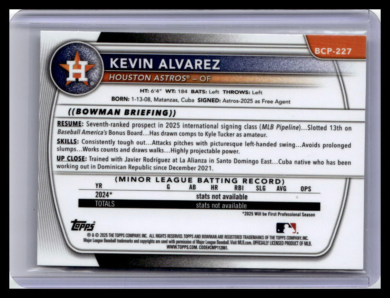 2025 Bowman Chrome #BCP-227 Kevin Alvarez Prospects 1st Bowman