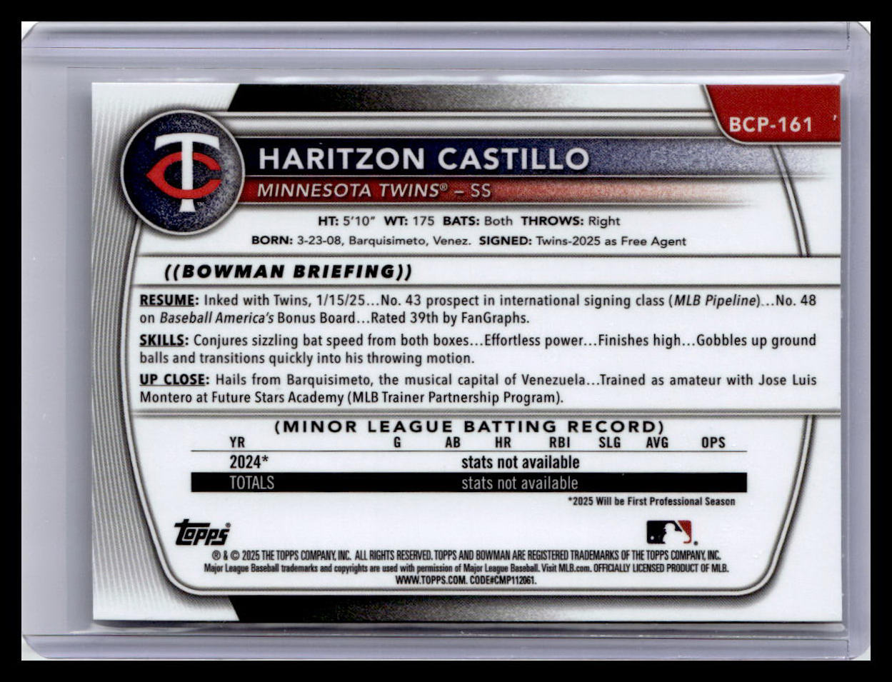 2025 Bowman Chrome #BCP-161 Haritzon Castillo Prospects 1st Bowman