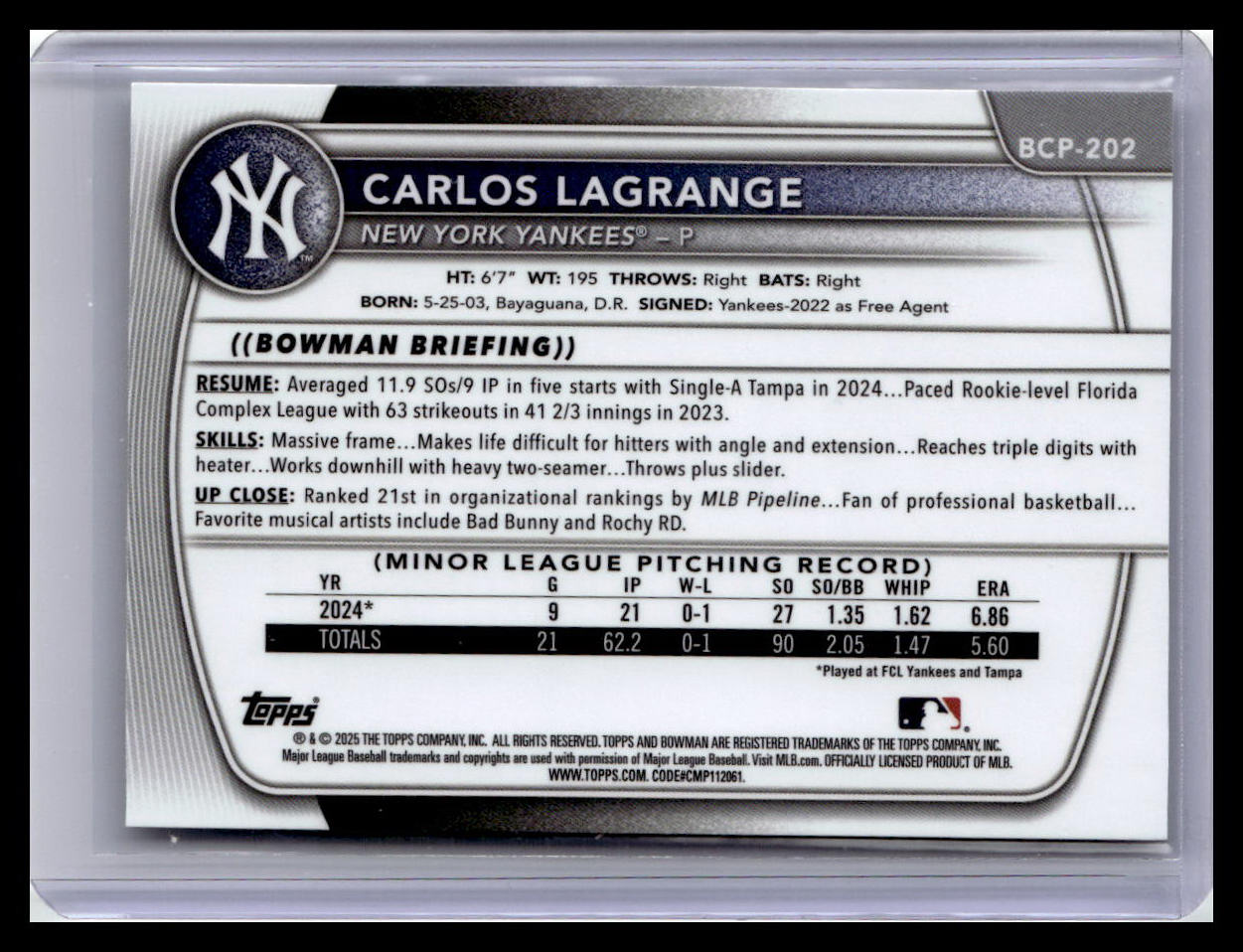 2025 Bowman Chrome #BCP-202 Carlos Lagrange Prospects 1st Bowman