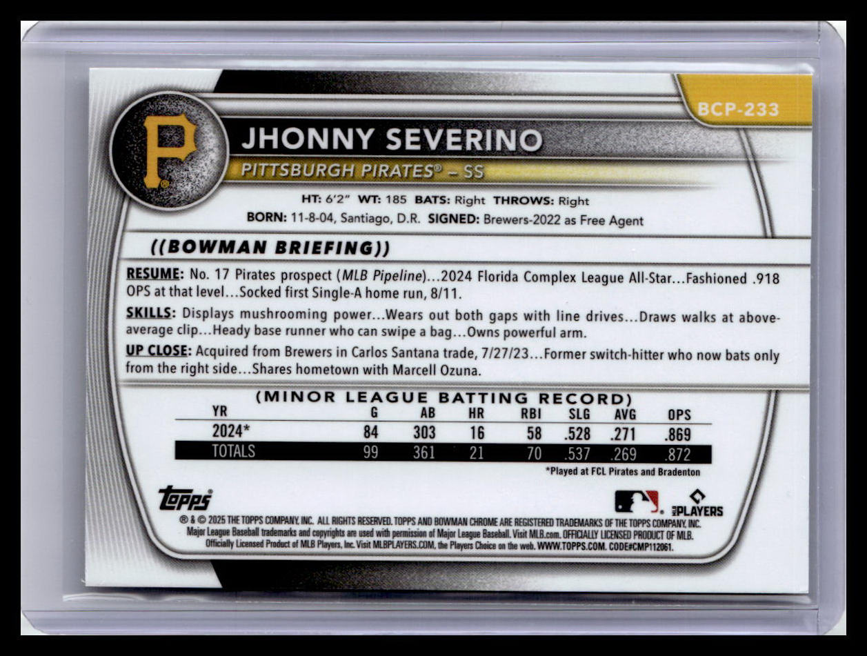2025 Bowman Chrome #BCP-233 Jhonny Severino Prospects 1st Bowman