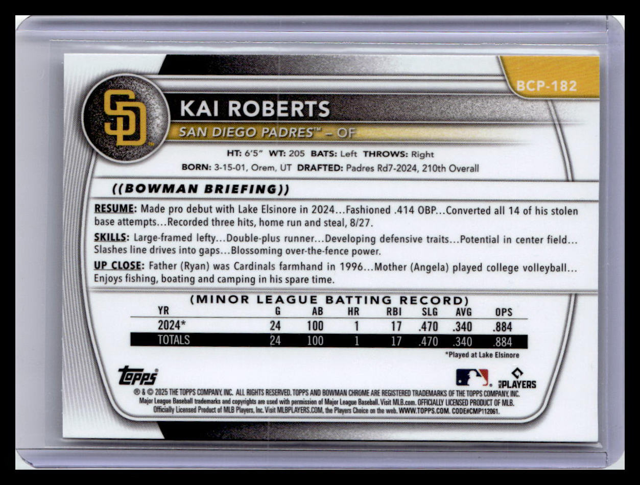 2025 Bowman Chrome #BCP-182 Kai Roberts Prospects 1st Bowman