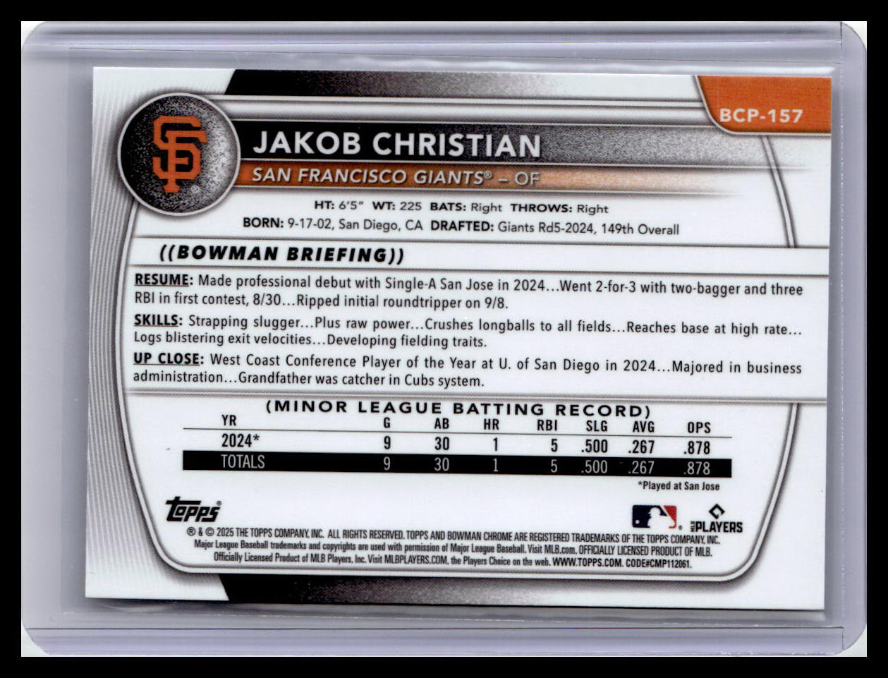 2025 Bowman Chrome #BCP-157 Jakob Christian Prospects 1st Bowman