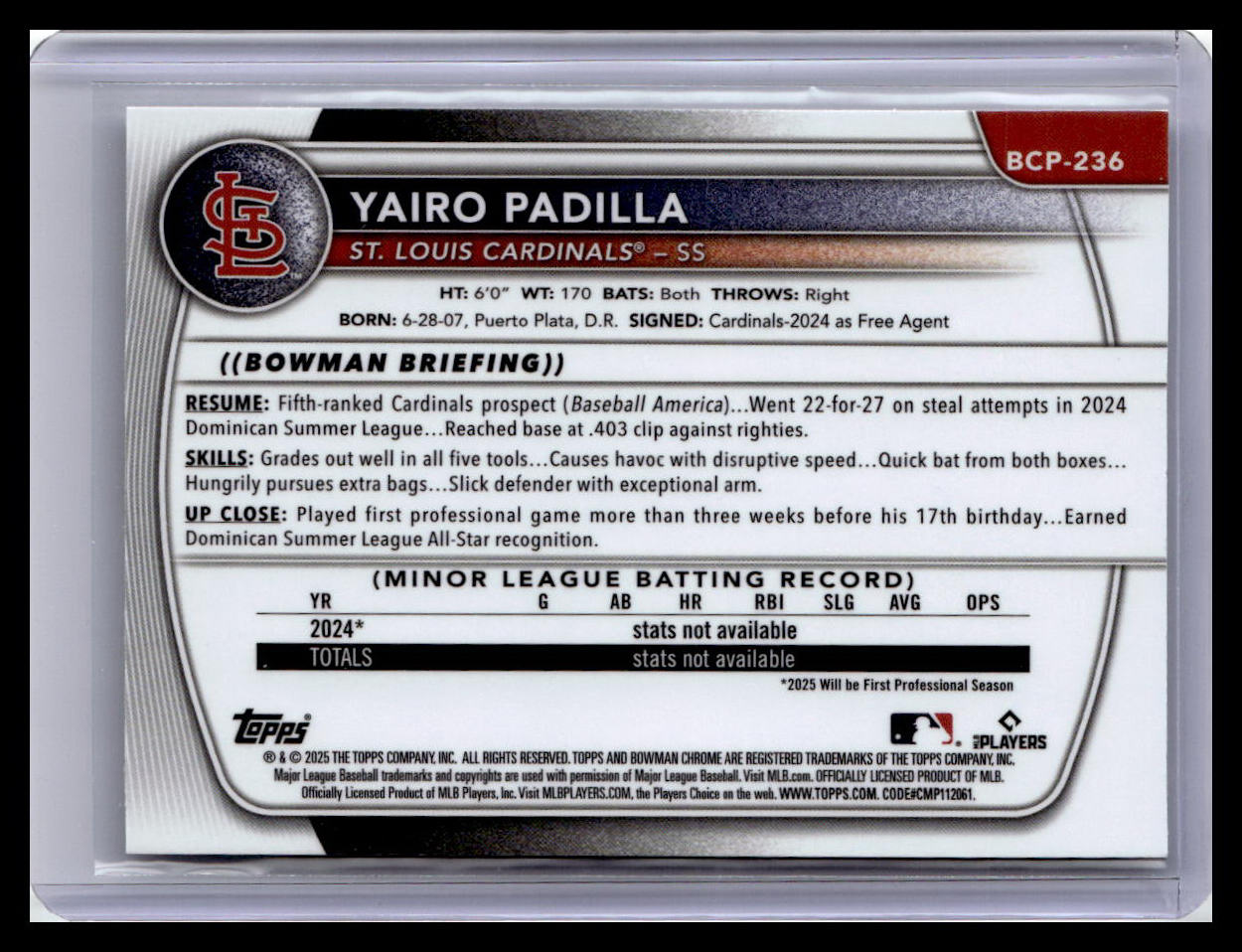 2025 Bowman Chrome #BCP-236 Yairo Padilla Prospects 1st Bowman