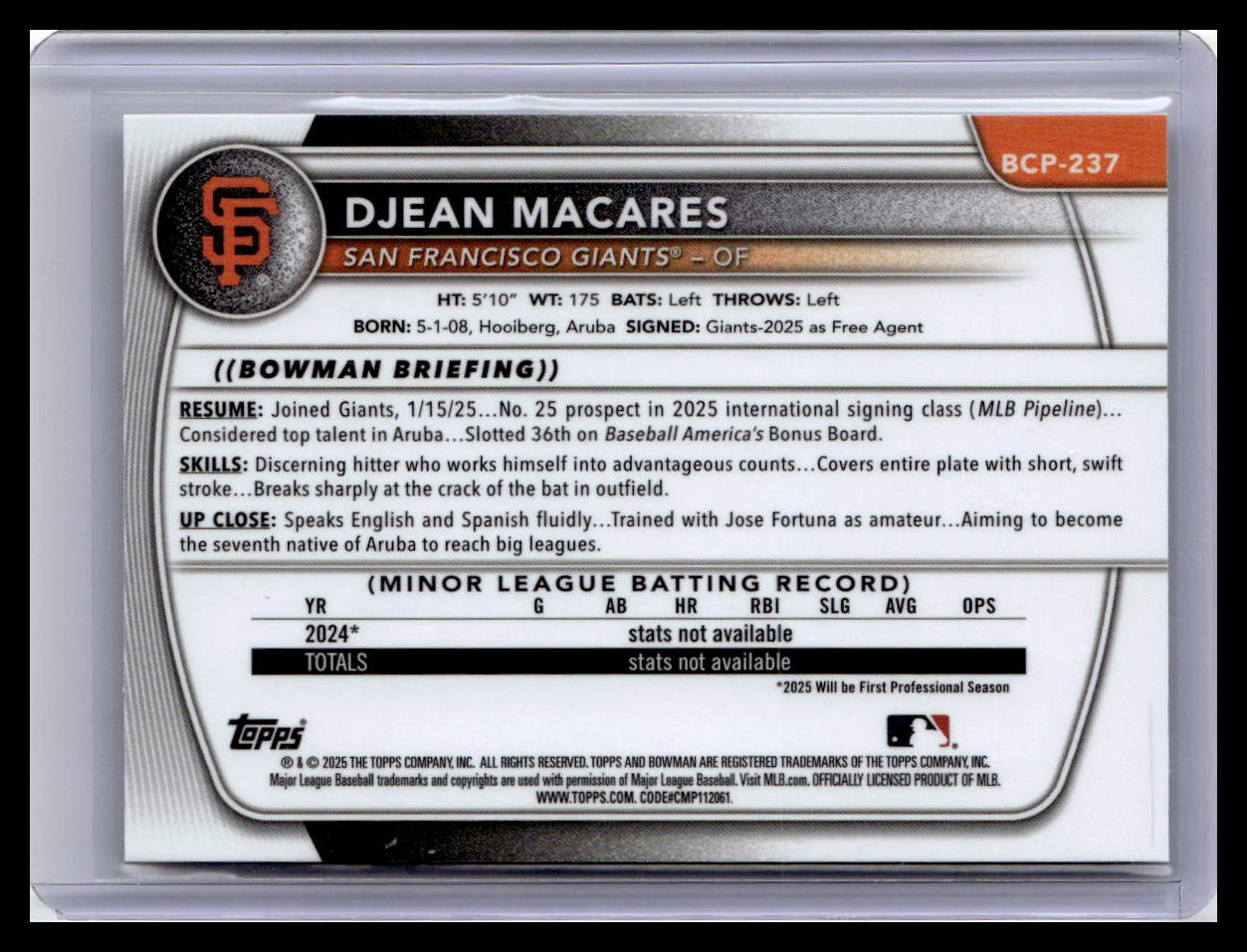 2025 Bowman Chrome #BCP-237 Djean Macares Prospects Laser 1st Bowman