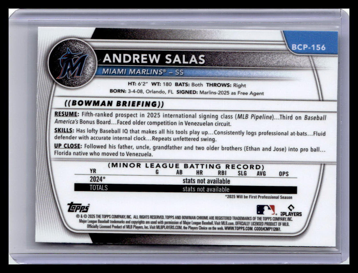 2025 Bowman Chrome #BCP-156 Andrew Salas Prospects Laser 1st Bowman