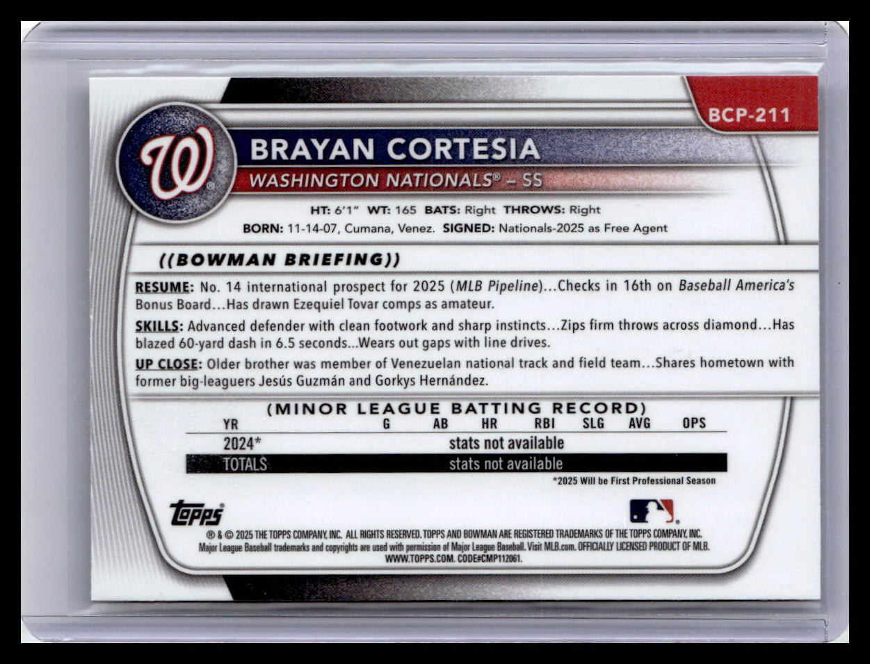 2025 Bowman Chrome #BCP-211 Brayan Cortesia Prospects Laser 1st Bowman