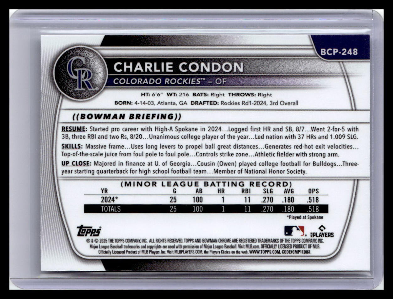 2025 Bowman Chrome #BCP-248 Charlie Condon Prospects Laser 1st Bowman