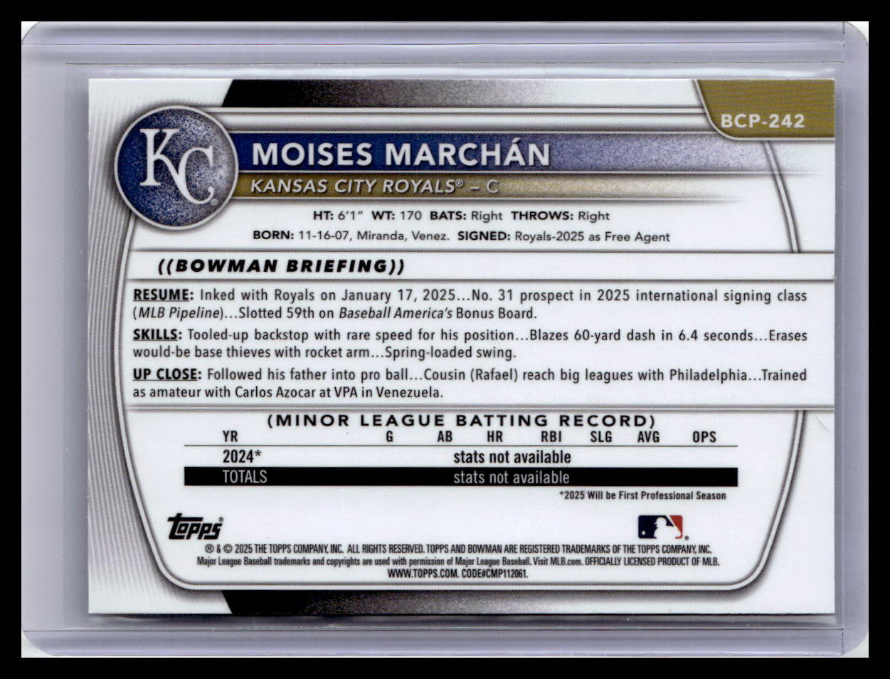 2025 Bowman Chrome #BCP-242 Moises Marchan Prospects Laser 1st Bowman