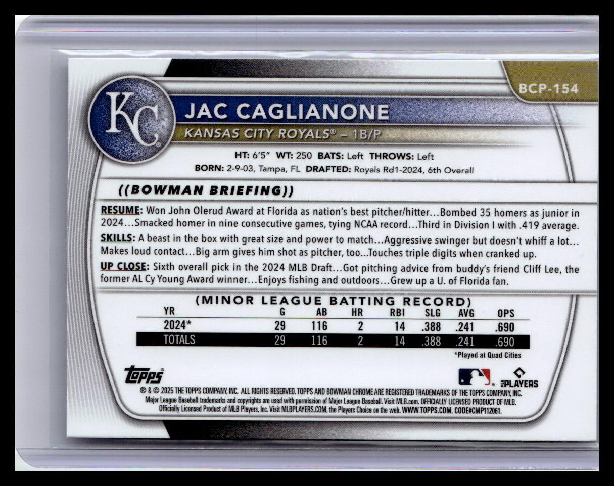 2025 Bowman Chrome #BCP-154 Jac Caglianone Prospects Shimmer