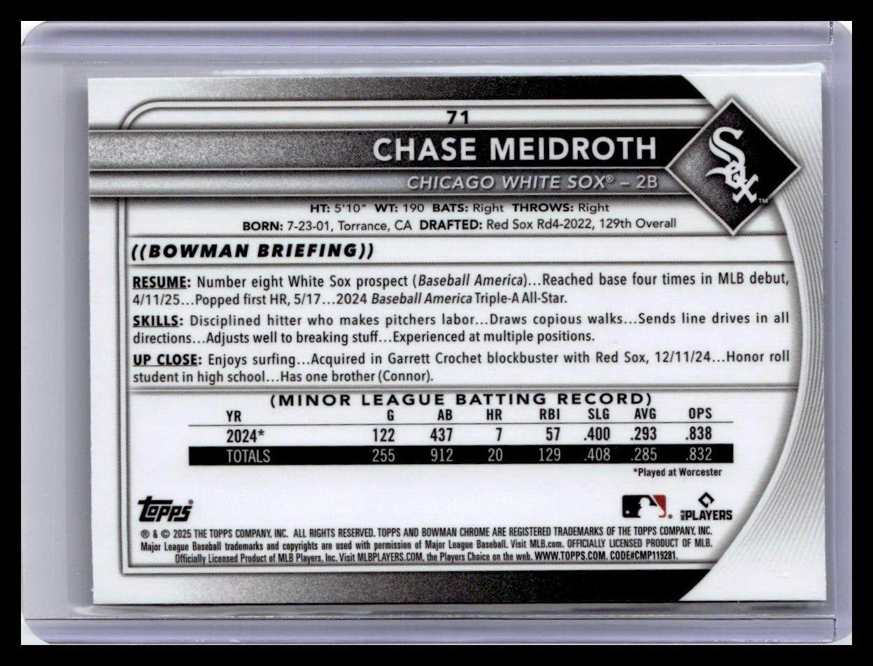 2025 Bowman Chrome #71 Chase Meidroth Red RC Variation