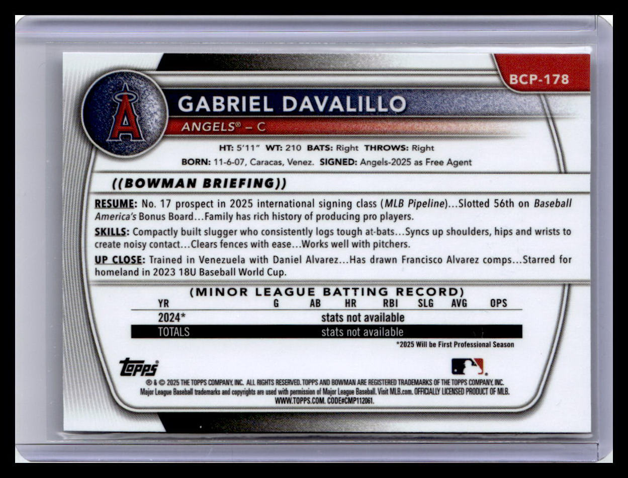 2025 Bowman Chrome #BCP-178 Gabriel Davalillo Prospects 1st Bowman