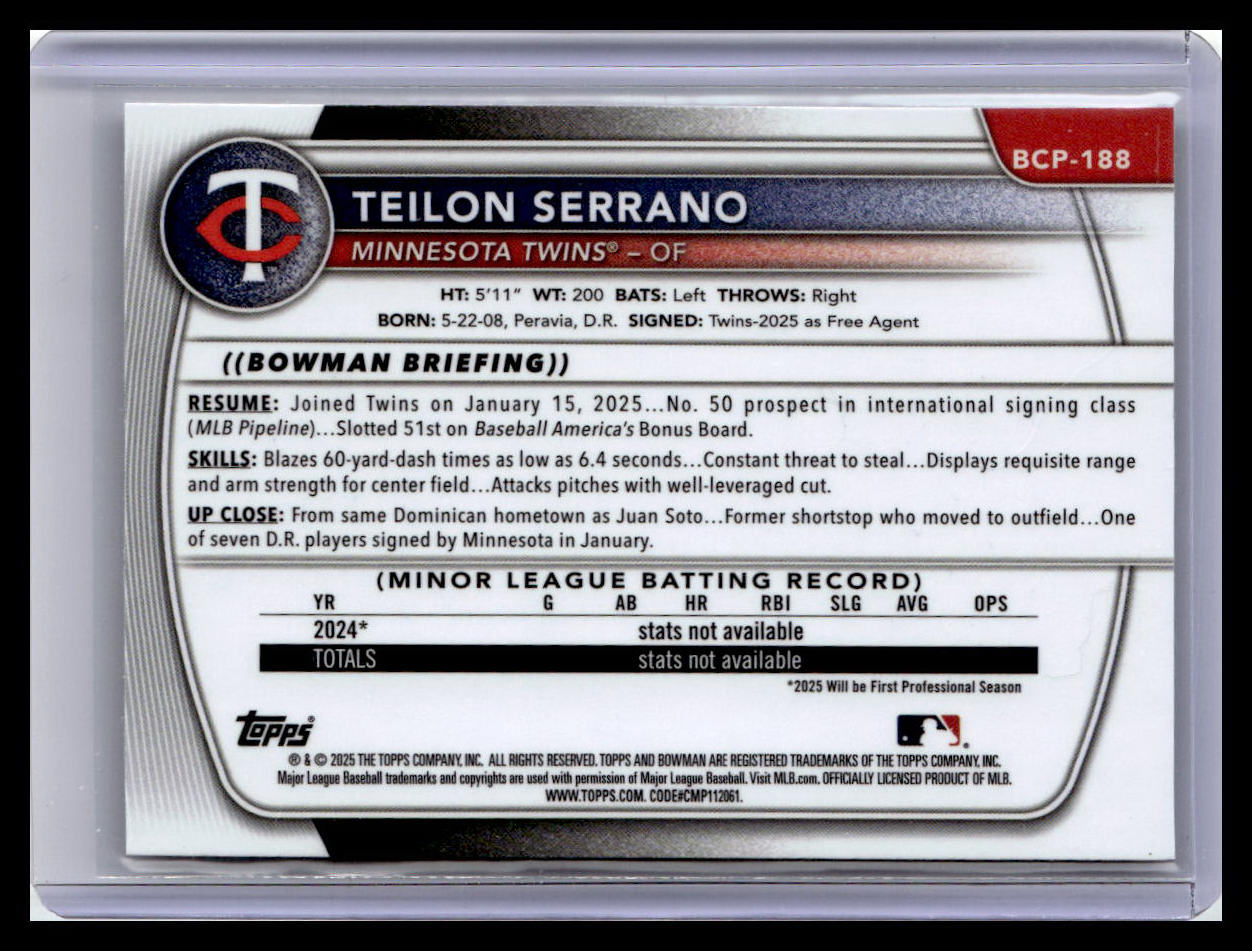 2025 Bowman Chrome #BCP-188 Teilon Serrano Prospects 1st Bowman