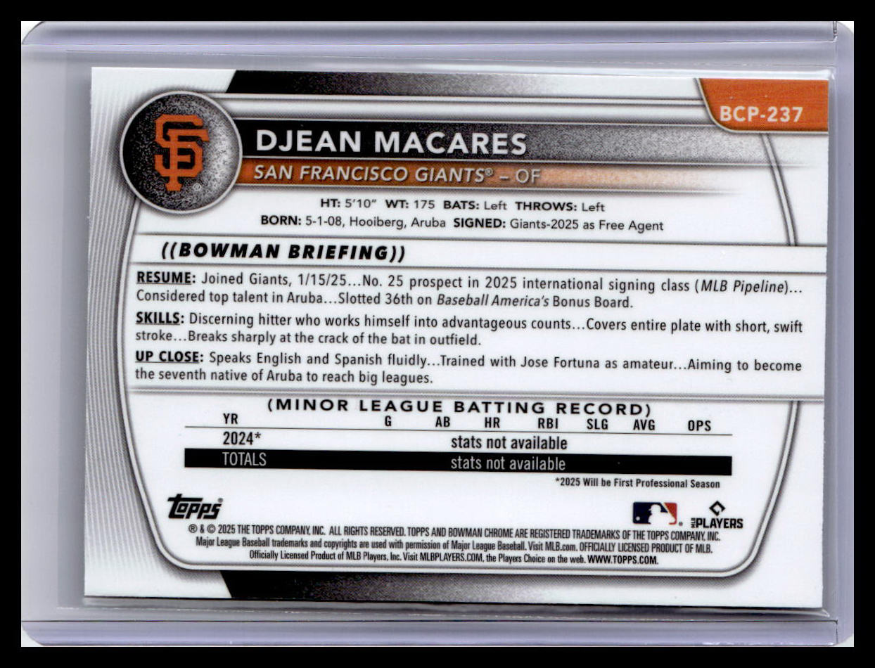 2025 Bowman Chrome #BCP-237 Djean Macares Mojo Prospects 1st Bowman 1