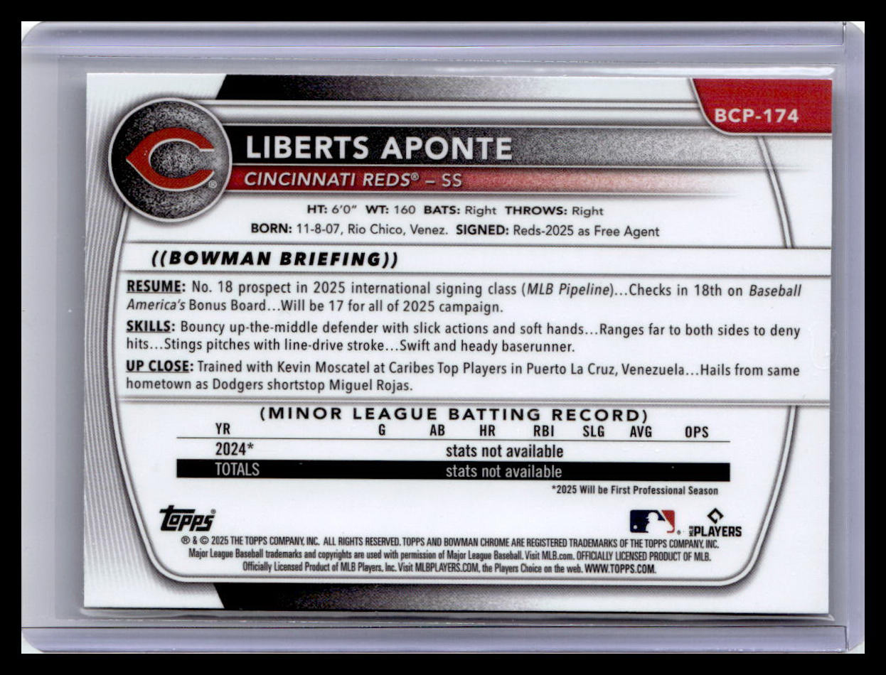 2025 Bowman Chrome #BCP-174 Liberts Aponte Prospects 1st Bowman Mojo