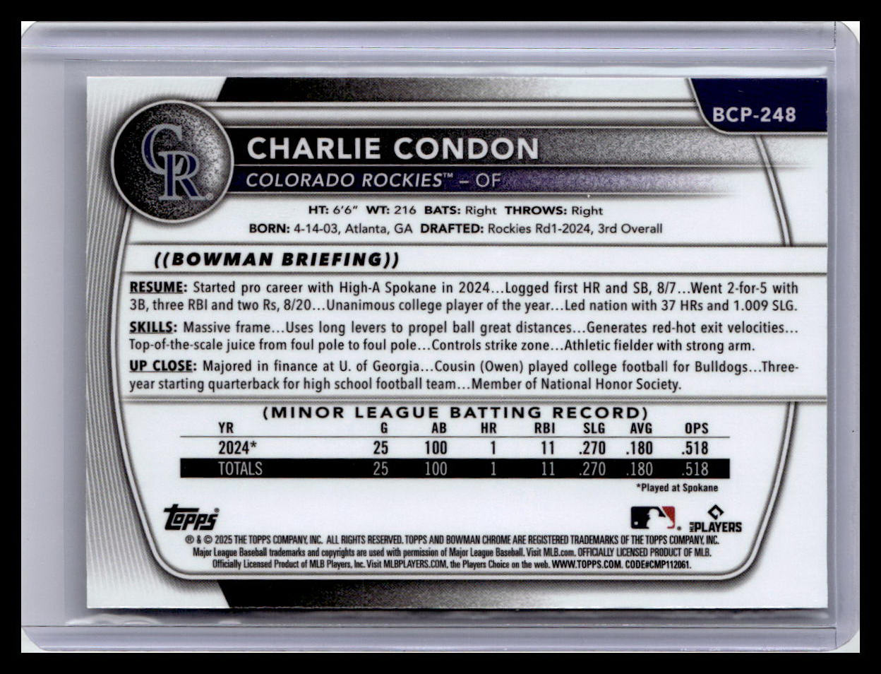 2025 Bowman Chrome #BCP-248 Charlie Condon Prospects