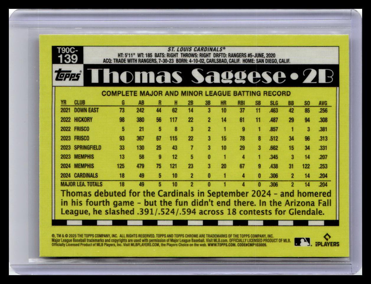 2025 Topps #T90C-139 Thomas Saggese 1990 35th Anniversary Mojo 1