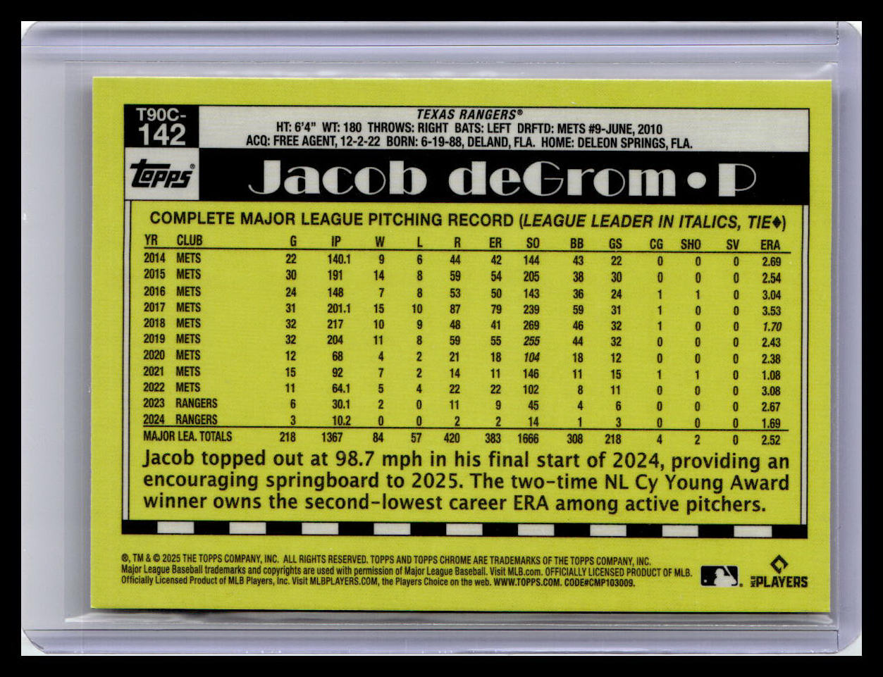 2025 Topps #T90C-142 Jacob deGrom 1990 Topps 35th Anniversary Chrome Mojo 1
