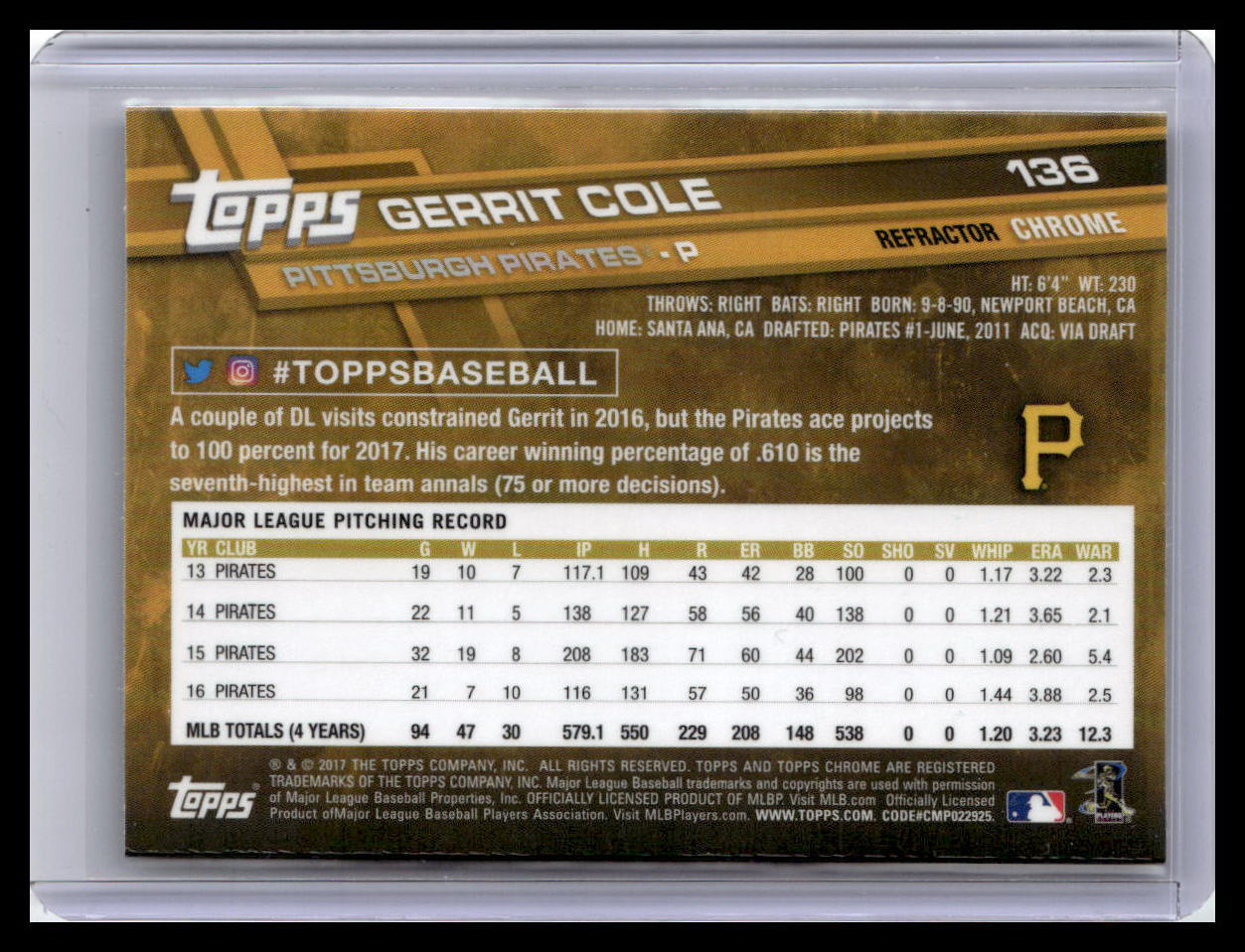 2017 Topps Chrome #136 Gerrit Cole Sepia Refractor