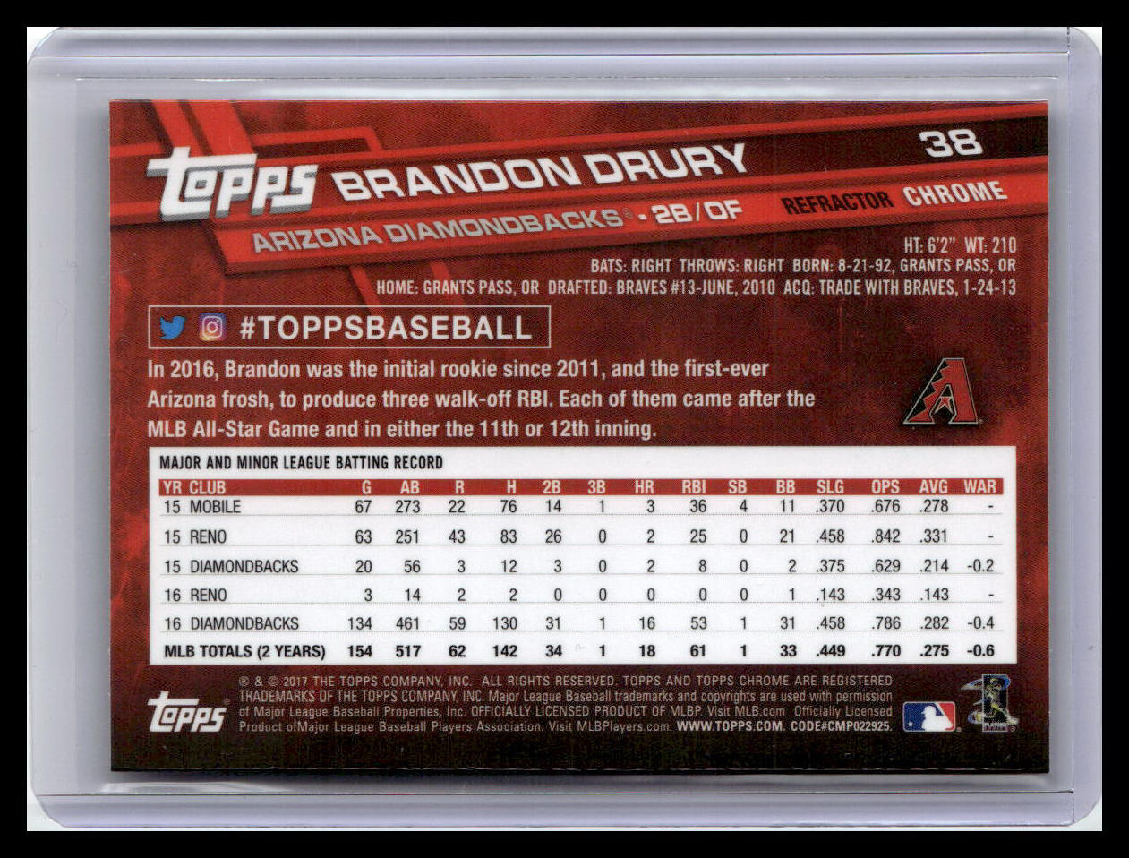 2017 Topps Chrome #38 Brandon Drury Sepia Refractor