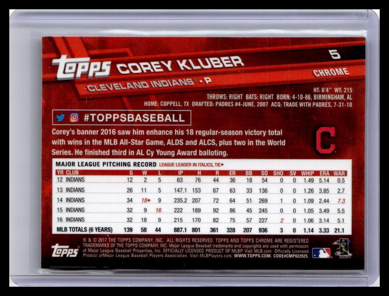 2017 Topps Chrome #5 Corey Kluber