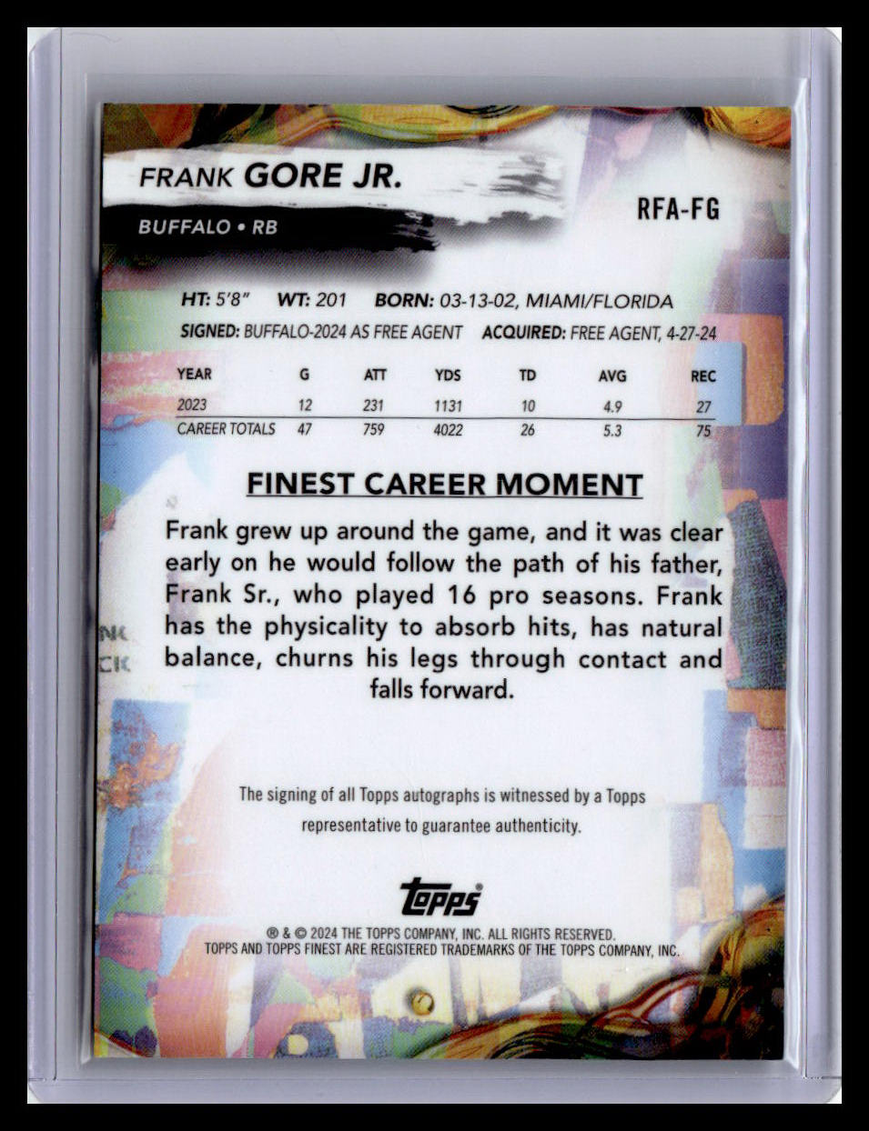 2024 Finest #RFA-FG Frank Gore Jr. Rookie Finest Autographs