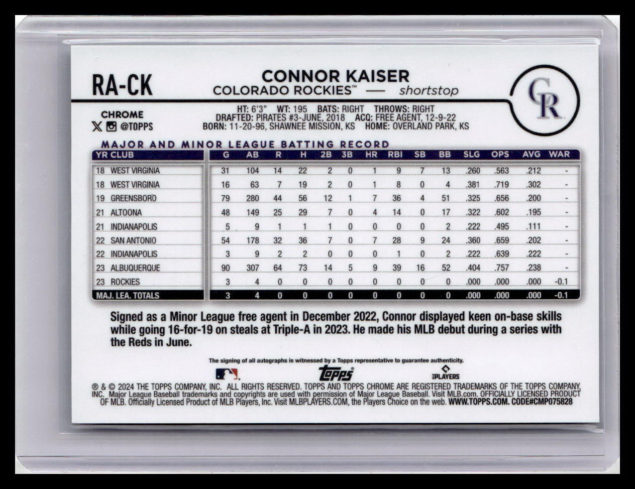 2024 Topps Chrome #RA-CK Connor Kaiser Rookie Autographs