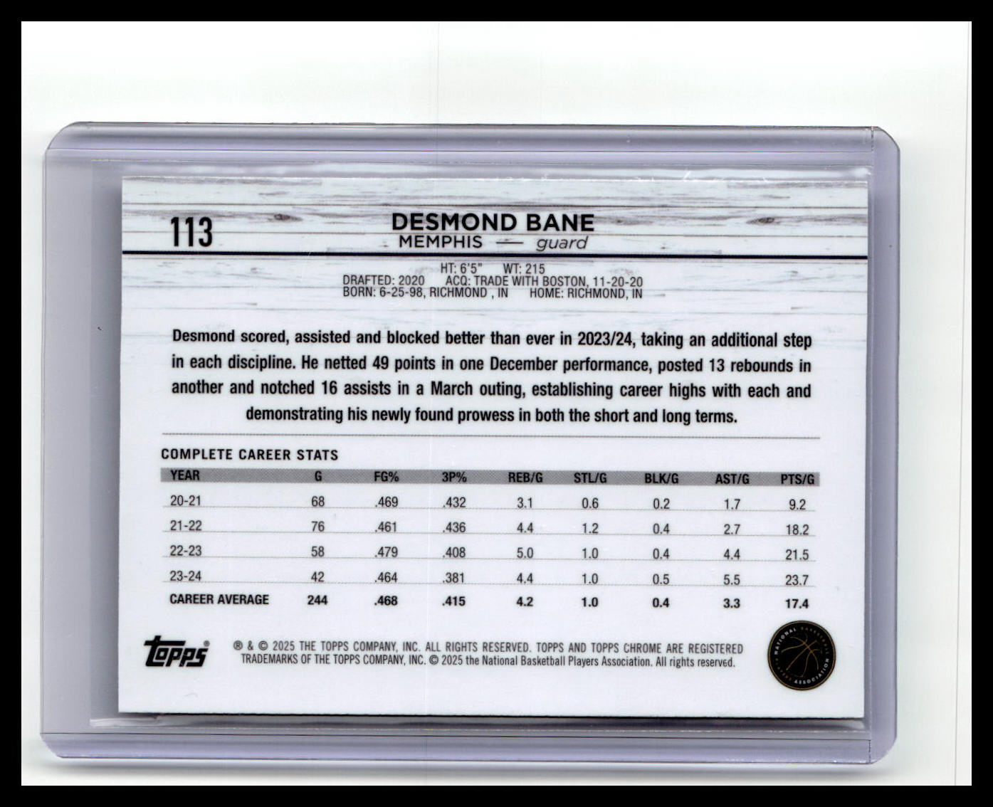 2024-25 Topps Chrome #113 Desmond Bane