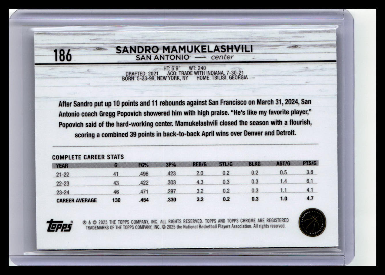 2024-25 Topps Chrome - Purple Speckle Refractor #186 Sandro Mamukelashvili #/299