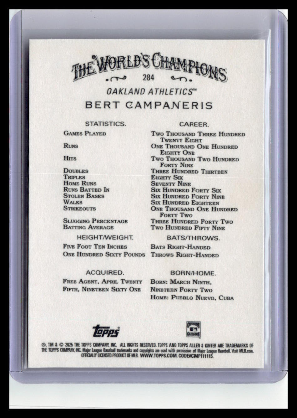 2025 Topps Allen & Ginter #284 Bert Campaneris