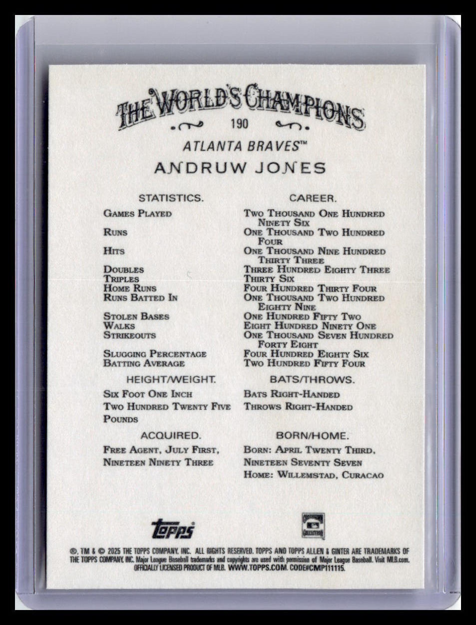 2025 Topps Allen & Ginter #190 Andruw Jones